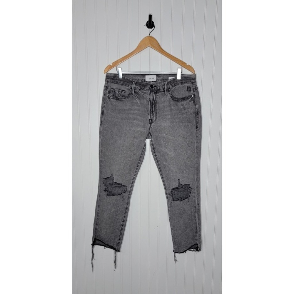 Frame Le Garcon Crop Raw Hem Distressed Denim Jeans Women's Size 28 Gray Wash